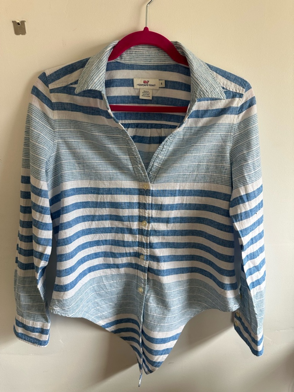 Vineyard Vines Blue & White Striped Linen-Cotton Top with Pink Whale Accent